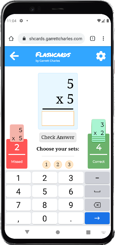 screenshot of flashcards game